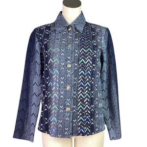 Coldwater Creek Jacket Women XS Blue Denim Aztec Embroidered Beaded Sequins